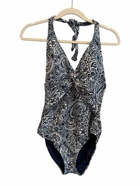 Ellen Tracy Halter V-Neck One Piece Swimsuit Navy White NWT Size 12 Lined $98